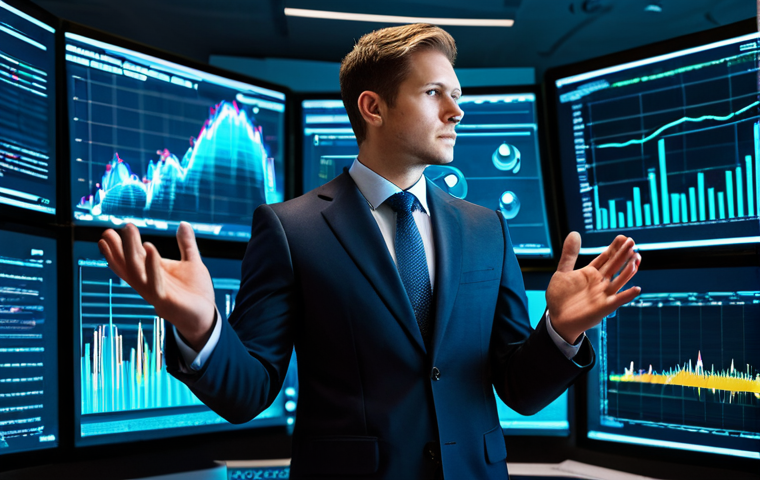 A focused financial analyst, in a modest business suit, standing in a high-tech control room surrounded by dynamic holographic displays showing complex, intertwining financial data streams and abstract graphs, symbolizing the ever-changing nature of creditworthiness. The setting emphasizes data flow and digital analysis. Professional dress, safe for work, appropriate content, fully clothed, perfect anatomy, correct proportions, natural pose, well-formed hands, proper finger count, natural body proportions, professional photography, high quality.